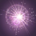 Sparks glitter glowing,star burst explosion glow and lens flare isolated on purple transparent background.Show,Concert