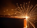 Sparks of red-hot metal in the dark. Royalty Free Stock Photo