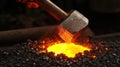 Sparks spread dynamically as the hammer hits the molten metal, the emitted light emphasizing its power.Generative AI Royalty Free Stock Photo
