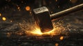 Sparks spread dynamically as the hammer hits the molten metal, the emitted light emphasizing its power.Generative AI Royalty Free Stock Photo