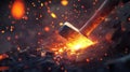 Sparks spread dynamically as the hammer hits the molten metal, the emitted light emphasizing its power.Generative AI Royalty Free Stock Photo
