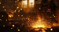 Sparks spread dynamically as the hammer hits the molten metal, the emitted light emphasizing its power.Generative AI Royalty Free Stock Photo