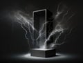 Sparks waves and ripples in a dark energy. Podium, empty showcase for packaging product presentation, AI generation