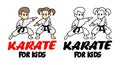 Sparring of Boy and girl in karate discipline. Martial arts school for childrens. Baby Karate logo. Strong kids concept