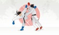 Sparring of two women engaged in karate martial arts. Women in protective elements of a suit, kimono