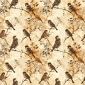 Sparrow bird brown parchment seamless vintage pattern Royalty Free Stock Photo