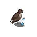 A sparrow bird drinks tea from a blue cup