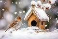 Sparrow bird next to feeding house in snow during winter Royalty Free Stock Photo