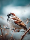 Sparrow bird perched on barbed wire against an open sky background Royalty Free Stock Photo