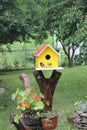 Bird house. yellow wooden houses for birds on a tree with flowers