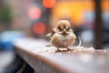 sparrow fluffing feathers on urban bench Royalty Free Stock Photo