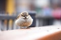 sparrow fluffing feathers on urban bench Royalty Free Stock Photo