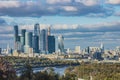 The view of Moscow`s skyscrapers of Moscow international Business Center and Moskva River from Sparrow Hills or Vorobyovy Gory. Royalty Free Stock Photo