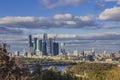 The view of Moscow`s skyscrapers of Moscow international Business Center and Moskva River from Sparrow Hills or Vorobyovy Gory. Royalty Free Stock Photo