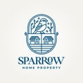 minimalist sparrow home property line art icon logo vector illustration design
