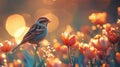 Sparrow Perched Amidst a Field of Tulips at Sunset Royalty Free Stock Photo