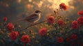 A Sparrow Perched Amongst Blooming Red Roses at Sunset Royalty Free Stock Photo