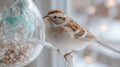 Sparrow perched by bird feeder in winter light Royalty Free Stock Photo