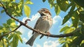 sparrow perched on a tree branch, holding a worm in its beak