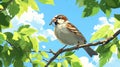 sparrow perched on a tree branch, holding a worm in its beak