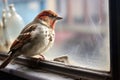a sparrow perched on a windowsill, mesmerized by its reflection in the glass