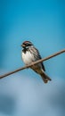 Sparrow perches on electric cable against blue sky backdrop