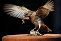 a sparrow pulling a worm from an open bird feeder