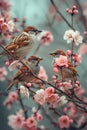 Sparrows Find Refuge Amid Blossoming Flowers on Tranquil Spring Branch