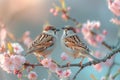 Sparrows Find Refuge Amid Blossoming Flowers on Tranquil Spring Branch