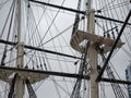 Spars and shrouds of a historical classic frigate ship holding rigging and rope for sailing Royalty Free Stock Photo