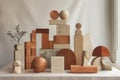A sparse arrangement of geometric shapes or objects, creating a sense of spaciousness and tranquility