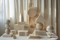 A sparse arrangement of geometric shapes or objects, creating a sense of spaciousness and tranquility