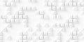 Sparsely scattered small offset white cube pyramid boxes background wallpaper banner, flat lay top view from above