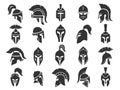 Spartan black helmets. Ancient roman gladiator headgear protection, monochrome silhouettes of medieval classical greek