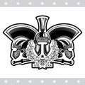 Spartan helmet front view with crossed sword between helmets and laurel wreath. Heraldic vintage label Royalty Free Stock Photo