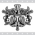 Spartan helmet front view with wings between wreath, crossed swords and lions. Heraldic vintage label Royalty Free Stock Photo