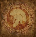 Spartan helmet an icon on old paper in style grunge, is issued i