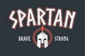 Spartan helmet t-shirt design with slogan and meander frame. Typography graphics for tee shirt with Sparta warrior armor helmet.