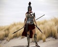 The Spartan. Portrait of a battle hardened Greek Spartan female warrior equipped with a sword and spear ready for battle. Royalty Free Stock Photo