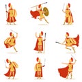 Spartan Soldier In Golden Armor And Red Cape Set Of Vector Illustrations With Greek Military Hero In The Fight Royalty Free Stock Photo