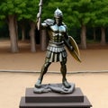 Spartan warrior in armor with shield and sword, antique Greek military, muscular ancient soldier. Spartan warrior from Greece. Royalty Free Stock Photo