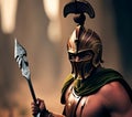 Spartan warrior in armor with shield and sword, antique Greek military, muscular ancient soldier. Spartan warrior from Greece. Royalty Free Stock Photo