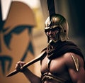 Spartan warrior in armor with shield and sword, antique Greek military, muscular ancient soldier. Spartan warrior from Greece.
