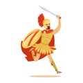Spartan warrior character in armor and red cape fighting with shield and sword, Greek soldier vector Illustration Royalty Free Stock Photo