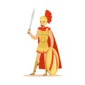 Spartan warrior character in armor and red cape with shield and sword, Greek soldier vector Illustration Royalty Free Stock Photo