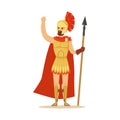 Spartan warrior character in armor and red cape with spear raised up clenched fist, Greek soldier vector Illustration Royalty Free Stock Photo