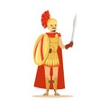 Spartan warrior character in golden armor and red cape with shield and sword, Greek soldier vector Illustration Royalty Free Stock Photo