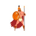 Spartan warrior in golden armor and red cape standing with shield and spear vector Illustration on a white background