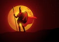 Spartan warrior with his shield and spear standing gallantly against full moon