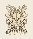 Spartan warriors Skull Head - Skull in armor, fighting axes - T-Shirt design - vector illustration - White version